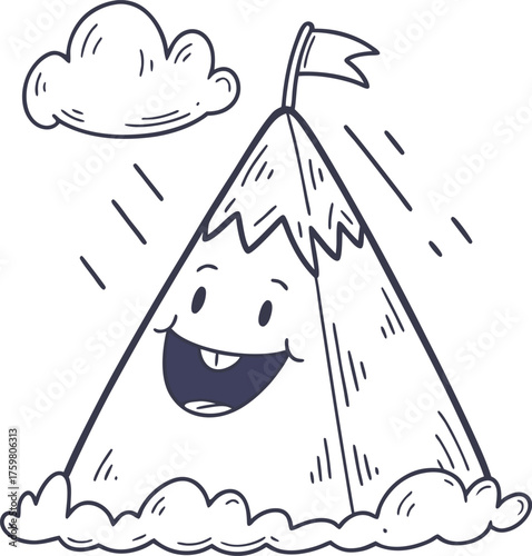 Smiling Mountain Reaching the Peak with a Flag Under the Cloudy Sky