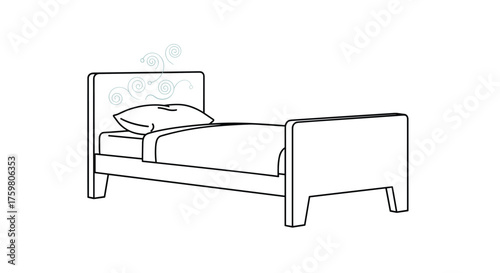 A simple line drawing of a bed with a pillow and blanket.