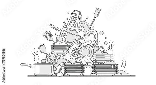 A towering pile of dirty dishes and kitchenware tumbles precariously.