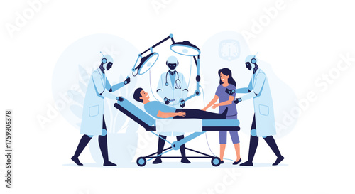 Robotic assisted surgery with a patient on a medical table undergoing a procedure.