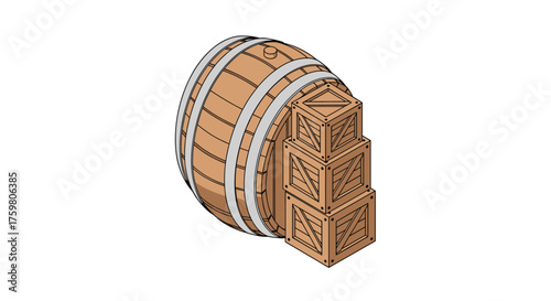 A wooden barrel and a stack of wooden crates. 
