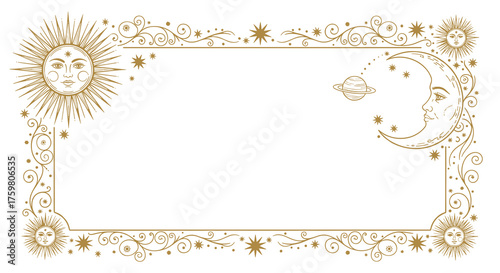 Ornate Celestial Frame with Sun, Moon and Stars Border: Elegant Astrological Design for Invitations, Posters, and Mystic Themed Artwork – Luxurious Gold, Spiritual Art, Esoteric Decorations, Magical,