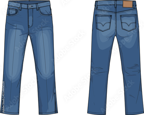 Blue denim jeans front back view, classic five pocket design, straight leg cut, fashion garment, clothing texture, stitching detail, zipper fly