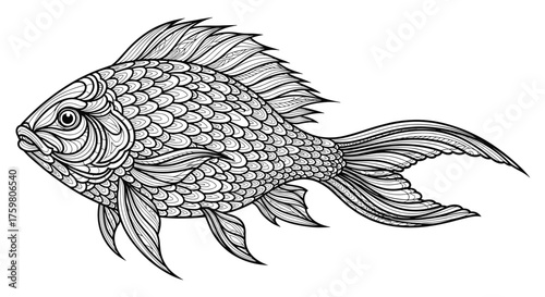 Intricate black and white illustration of a decorative fish with detailed scales and fins.