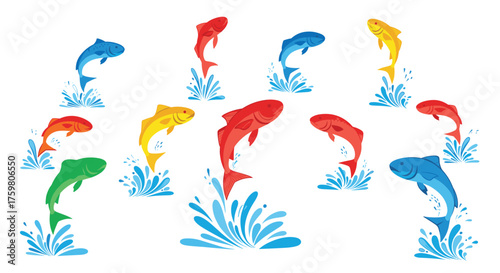 Colorful fish leaping out of water.