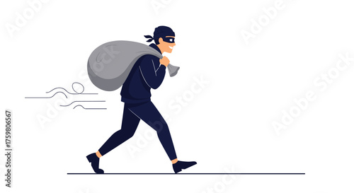 A sneaky thief wearing a mask and carrying a large sack of stolen goods runs away with speed.