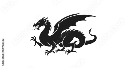 A black silhouette of a dragon with outstretched wings on a white background.
