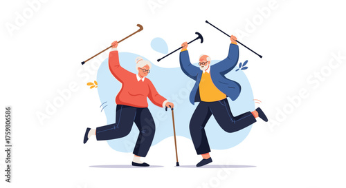 Two elderly people are happily dancing with their walking sticks.