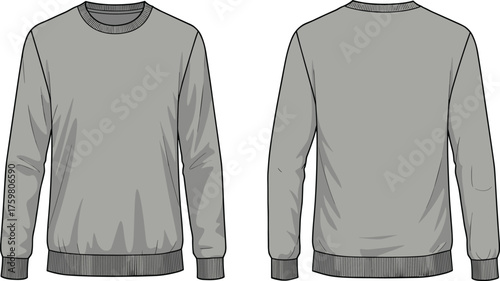 Gray sweatshirt, long sleeve, ribbed cuffs, crew neck, relaxed fit, textured fabric, casual wear, fashion apparel, unisex style, cozy comfort