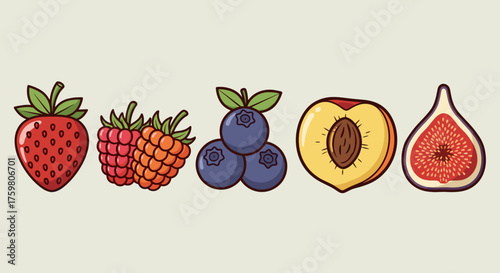 Assorted Fresh Fruits Illustration: Strawberry, Raspberries, Blueberries, Peach, and Fig Still Life for Healthy Eating, Nutrition Education, Culinary Design, or Food Industry Promotion with Vibrant Co