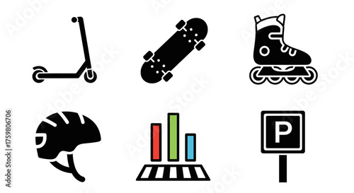 Skatepark Elements Collection: Featuring a Scooter, Skateboard, Rollerblades, Helmet, Obstacles, and Parking Sign for Recreation and Safe Riding in an Urban Setting, Perfect for Website Graphics,  Lif