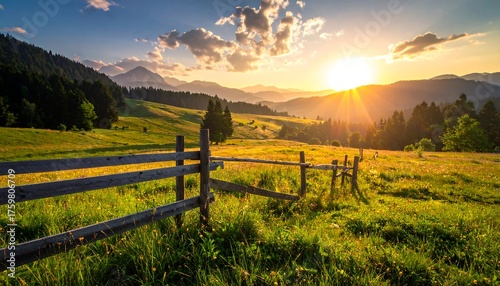 Golden Hour Sunset Over Rolling Hills and Wooden Fence.