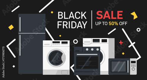 Black Friday appliance sale banner illustration fridge washer oven microwave