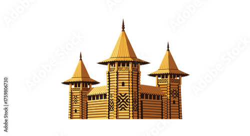 A quaint wooden fortress with pointed turrets and decorative carvings.