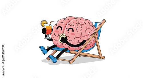 Cartoon brain enjoying a refreshing beverage on a sunny beach vacation.