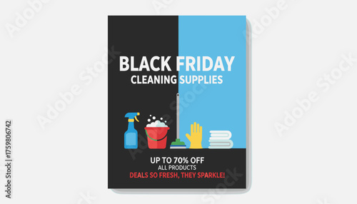 Black Friday cleaning supplies sale banner with icons Great for retail promotions and marketing