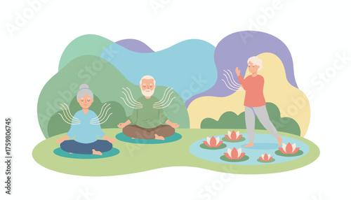 Seniors enjoy outdoor meditation and Tai Chi promoting peace wellness and active living