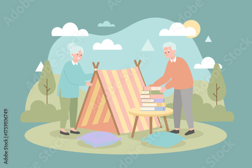 Elderly couple enjoying serene outdoor leisure setting up a cozy reading tent with books and cushions