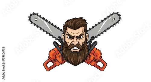 Rugged lumberjack with crossed chainsaws ready for action.