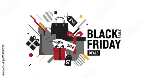 Black Friday Deals graphic with shopping bags gift boxes and sale tags