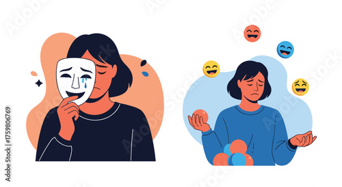 Woman hides emotions behind a mask while juggling digital emojis.