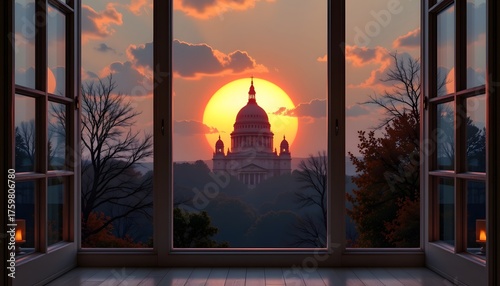 realistic 3d render of golden dome silhouette viewed from window