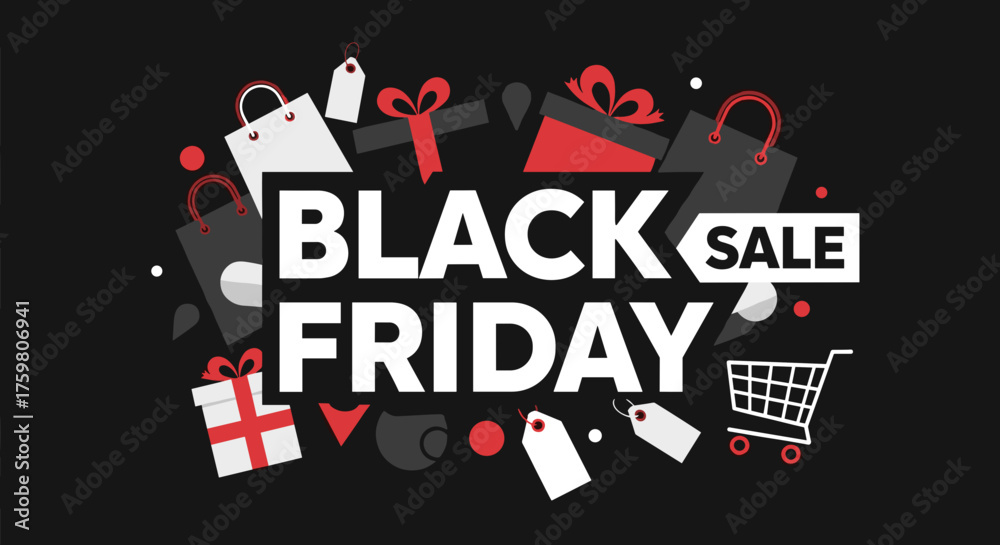 Fototapeta premium Black Friday sale banner illustration with gifts shopping bags and cart icons