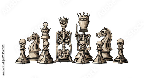 A macabre set of chess pieces rendered in pixel art.
