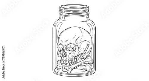A drawing of a skull inside a glass jar with a lid.