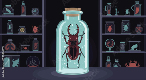 A large stag beetle preserved in a glass jar sits centrally on a shelf.