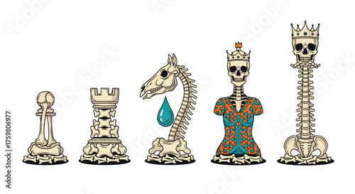 A macabre chess set features pieces made from skeletal remains and stylized to resemble the game.