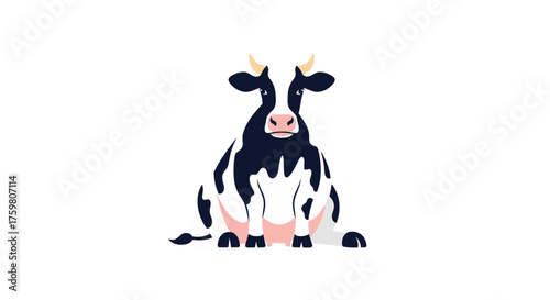 A cartoon cow sitting with a black and white coat.
