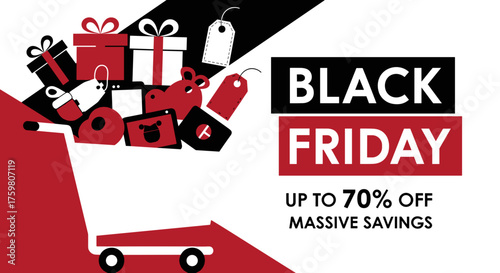 Black Friday shopping cart graphic with gifts tags and massive savings promotion