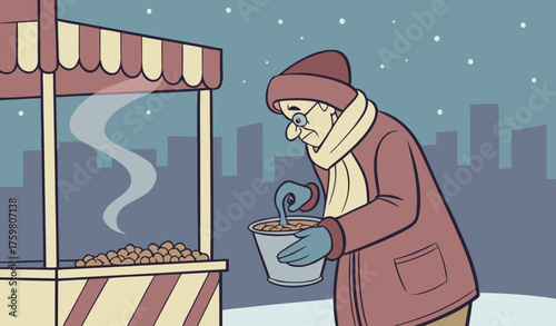 colorfull scene of "Elderly man selling roasted peanuts from a street cart on a cold evening, wearing shawl and gloves, steam rising from the cart, blurred city lights in the background, authentic str