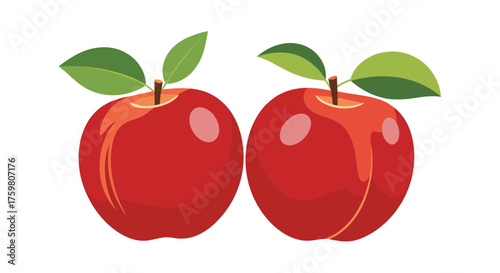 Two ripe red apples with green leaves and stems.