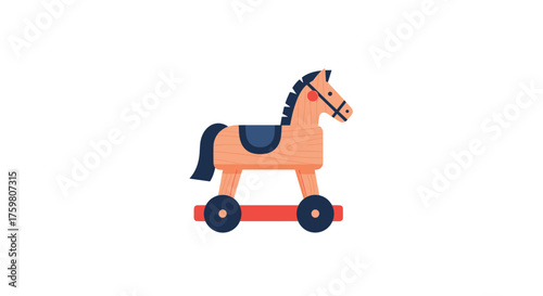 A simple wooden toy horse with a blue saddle on wheels.