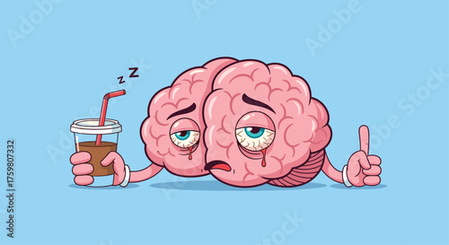 A tired cartoon brain holding a coffee cup feels sleepy and gives a thumbs up.