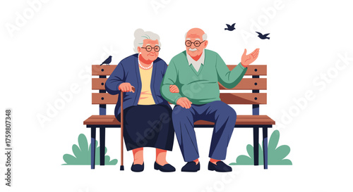 An elderly couple sits on a park bench enjoying a peaceful moment together.