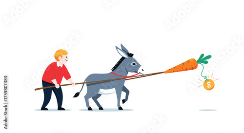 A boy uses a carrot to motivate a donkey towards a coin.