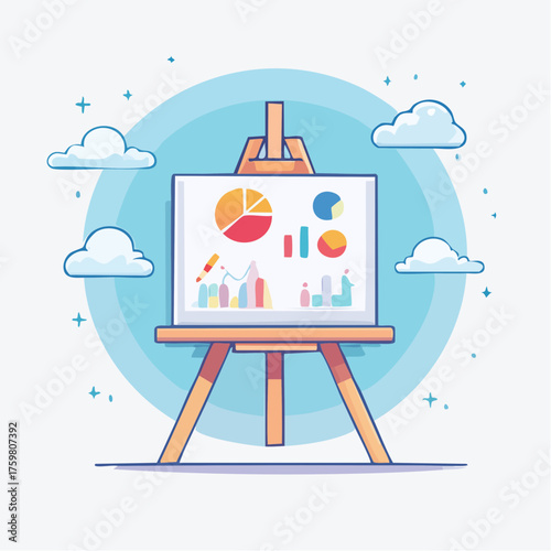 Pixelated Presentation Board with Colorful Charts and Graphs Set Against Blue Background with Clouds