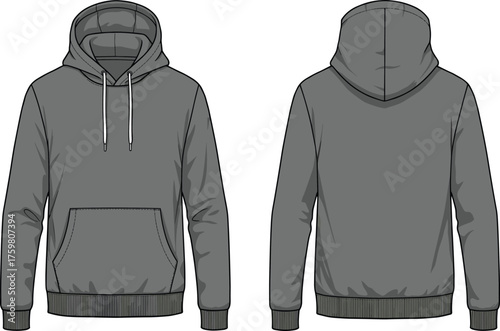 Gray hoodie front and back view, casual sweatshirt, blank apparel mockup, fashion garment, unisex pullover, streetwear, clothing template, retail