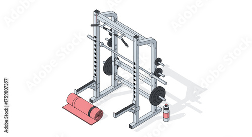 A detailed isometric illustration of a smith machine with weight plates.