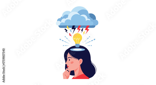 Conceptualizing new ideas during a brainstorm session with an idea lightbulb and stormy clouds.