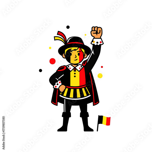 Vector illustration of a patriotic Belgian character celebrating a national holiday with a raised fist