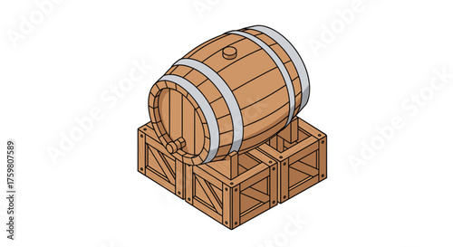 A wooden barrel rests on wooden crates.