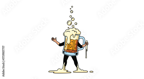 A character dressed as a large mug of beer spills over.