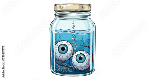 A jar with two eyeballs preserved in blue liquid.