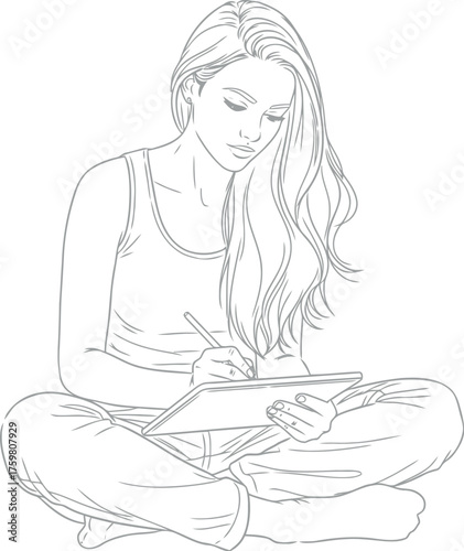 Pensive young woman sitting cross legged sketch illustration
