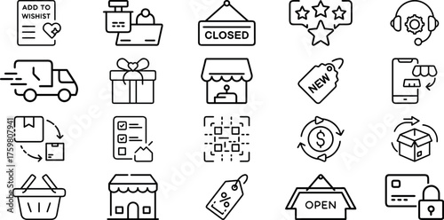 Modern Digital Commerce and Retail Icons: Gift, Exchange, Checklist, Editable Stroke Vector.