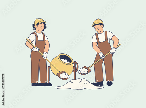 Construction Workers Mixing Cement with Concrete Mixer Illustration